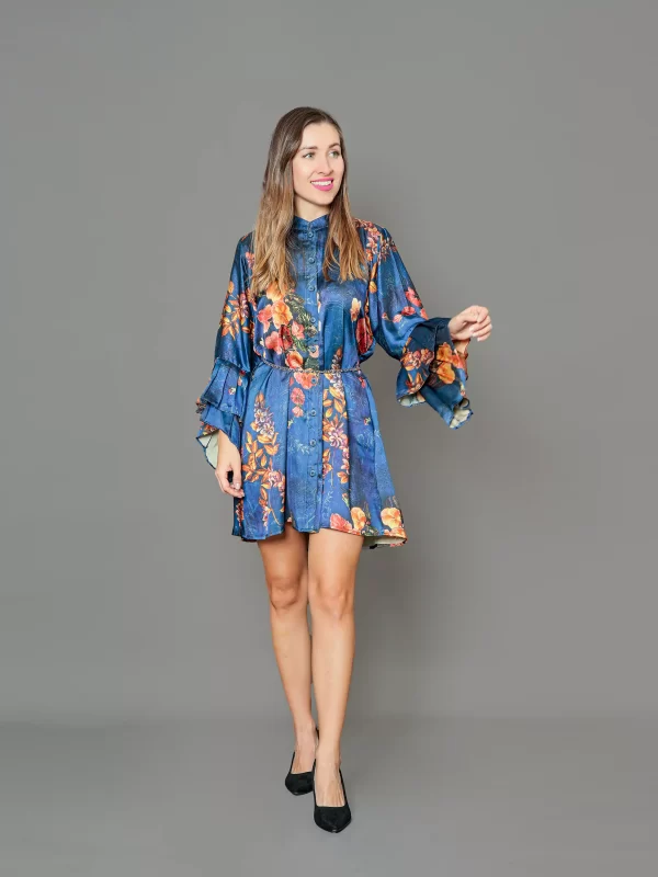 Blue Silk Short Shirt With Statement Sleeve1